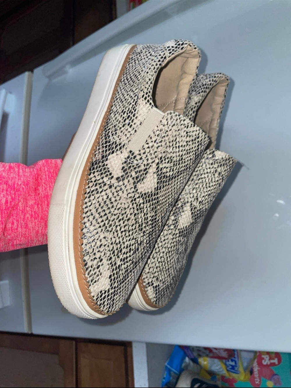 Slip-On Snake Print Platform Sneakers - White/Tan size 7